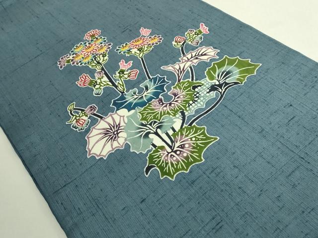 平和屋本店●極上　本場琉球紅型　琉球びんがた　知念積元　九寸開き名古屋帯　紬地　石蕗　御召御納戸色地　逸品　DZAB6419kh6