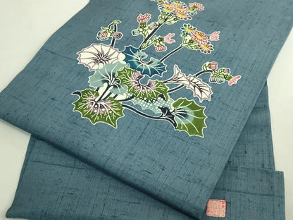 平和屋本店●極上　本場琉球紅型　琉球びんがた　知念積元　九寸開き名古屋帯　紬地　石蕗　御召御納戸色地　逸品　DZAB6419kh6