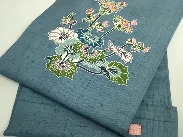 平和屋本店●極上　本場琉球紅型　琉球びんがた　知念積元　九寸開き名古屋帯　紬地　石蕗　御召御納戸色地　逸品　DZAB6419kh6