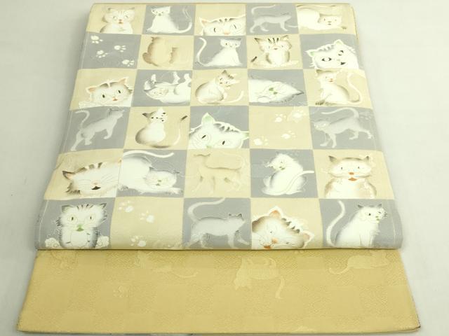 平和屋本店●極上　太鼓柄袋帯　市松　猫　逸品　DZAB6426kh6