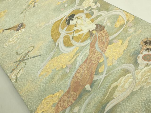 平和屋本店●極上　世界的友禅作家　千地泰弘　綴れ　両面　太鼓柄袋帯　日輪飛天之図　金銀糸　逸品　DZAB6434kh6