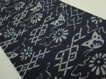 平和屋着物●極上　弓浜絣　全通柄袋帯　七宝に蝶　花　綿　参考資料付き　逸品　DZAB6436kh6