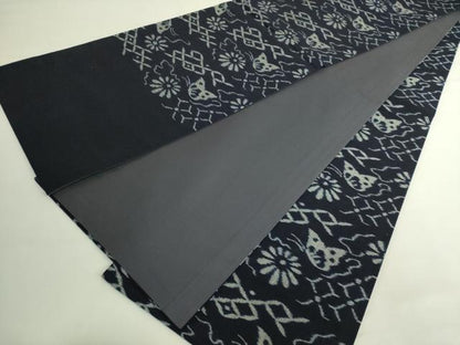 平和屋着物●極上　弓浜絣　全通柄袋帯　七宝に蝶　花　綿　参考資料付き　逸品　DZAB6436kh6