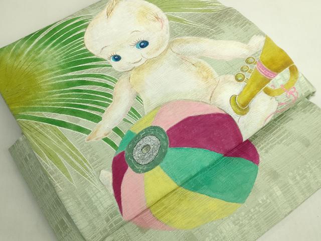 平和屋本店●希少　つけ帯　手描き　キューピー　紙風船　ラッパ　ビリヤード　銀彩　逸品　DZAB6458kh6