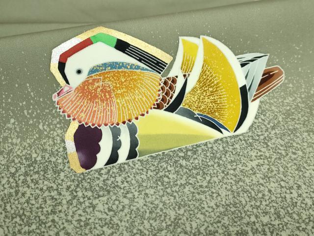 平和屋着物●極上　人間国宝・羽田登喜男　塩瀬　九寸名古屋帯　鴛鴦　青白橡色地　金銀彩　逸品　DZAB6472kh6