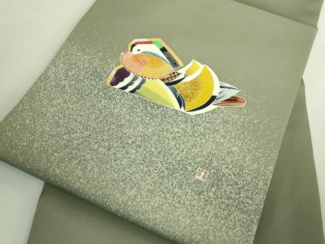 平和屋着物●極上　人間国宝・羽田登喜男　塩瀬　九寸名古屋帯　鴛鴦　青白橡色地　金銀彩　逸品　DZAB6472kh6