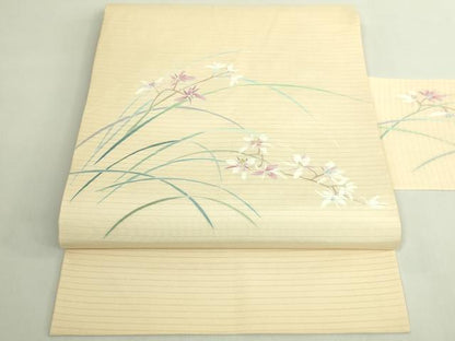 平和屋着物＊極上 夏物 絽塩瀬 九寸名古屋帯 友禅 作家物 草花文 薄い砥粉色地 逸品 DZAB6473kh6