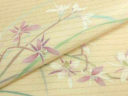 平和屋着物＊極上 夏物 絽塩瀬 九寸名古屋帯 友禅 作家物 草花文 薄い砥粉色地 逸品 DZAB6473kh6