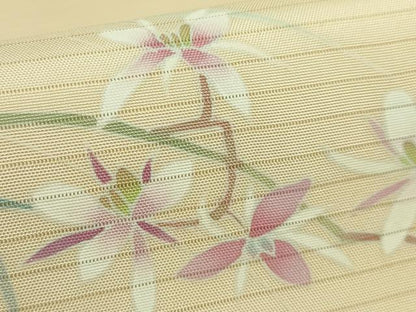 平和屋着物＊極上 夏物 絽塩瀬 九寸名古屋帯 友禅 作家物 草花文 薄い砥粉色地 逸品 DZAB6473kh6