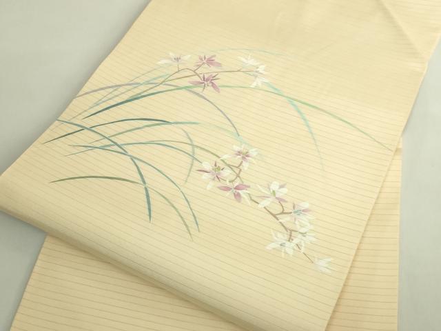 平和屋着物＊極上 夏物 絽塩瀬 九寸名古屋帯 友禅 作家物 草花文 薄い砥粉色地 逸品 DZAB6473kh6