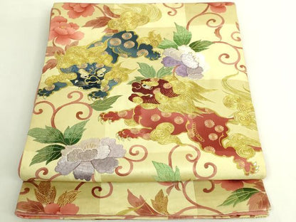 平和屋本店●極上　アンティーク　大正ロマン　全通柄　京袋帯　手刺繍　唐獅子　金銀糸　逸品　DZAB6474kh6