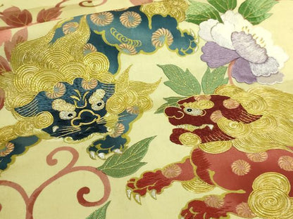 平和屋本店●極上　アンティーク　大正ロマン　全通柄　京袋帯　手刺繍　唐獅子　金銀糸　逸品　DZAB6474kh6