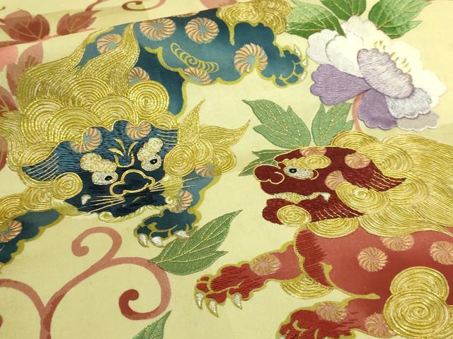 平和屋本店●極上　アンティーク　大正ロマン　全通柄　京袋帯　手刺繍　唐獅子　金銀糸　逸品　DZAB6474kh6