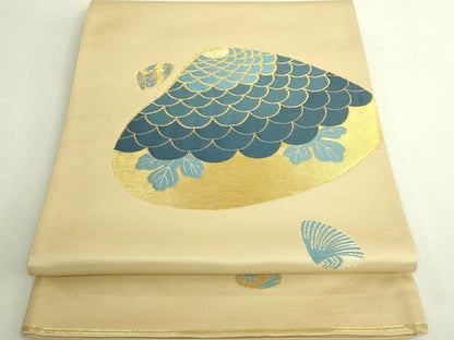 平和屋本店●極上　人間国宝　五代　田畑喜八　六通柄袋帯　藍　貝花文　金糸　逸品　DZAB6477kh6