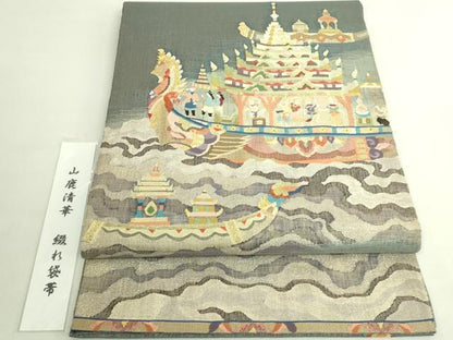 平和屋本店●極上　手織綴れ　山鹿清華　太鼓柄袋帯　船祭図　金銀糸　逸品　DZAB6499kh6