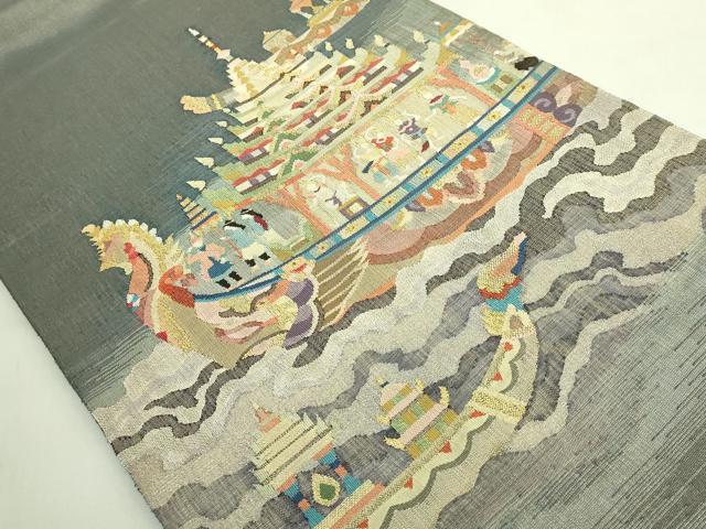 平和屋本店●極上　手織綴れ　山鹿清華　太鼓柄袋帯　船祭図　金銀糸　逸品　DZAB6499kh6