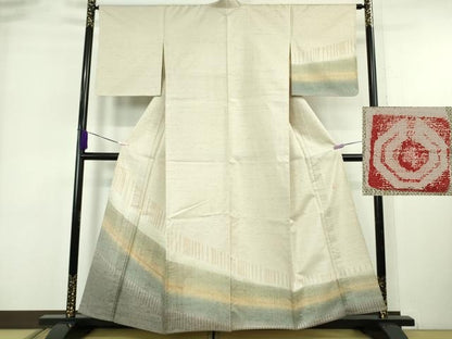 平和屋着物▽極上　石川県指定無形文化財　牛首紬　白山工房　手織り　単衣　練色地　逸品　未使用　DZAB6505kh6