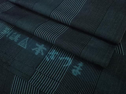 平和屋本店●極上　綿薩摩　本さつま　木綿　縞　濃藍色×藍色　反端付き　逸品　DZAB6506kh6