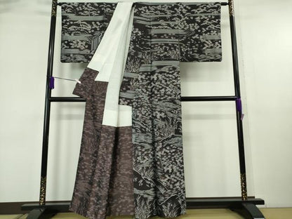 平和屋本店●極上　創業200年・7代目永治屋清左衛門　訪問着　お召地　水辺風景花文　紫黒色地　逸品　DZAB6507kh6