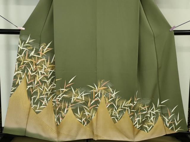 平和屋本店●極上　創業460年・千總　色留袖　駒刺繍　網干立波枝葉文　柳茶色地　金彩　逸品　DZAB6510kh6