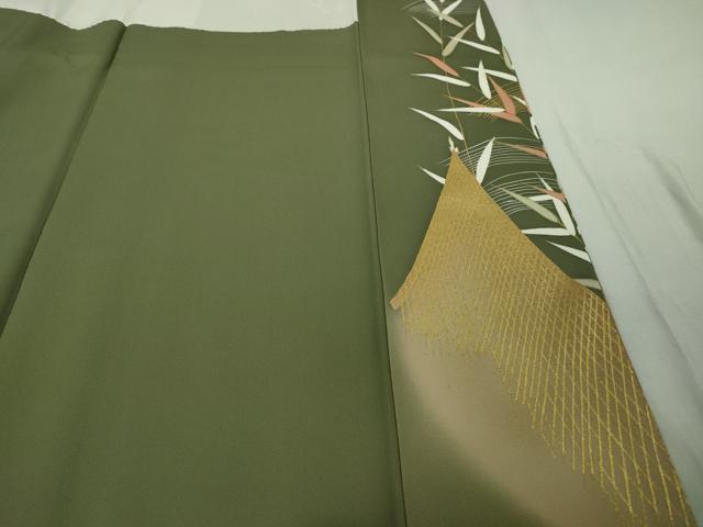 平和屋本店●極上　創業460年・千總　色留袖　駒刺繍　網干立波枝葉文　柳茶色地　金彩　逸品　DZAB6510kh6