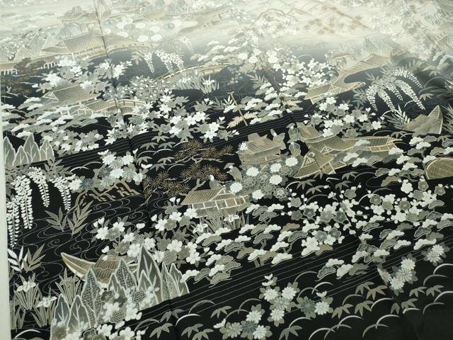平和屋本店●極上　中国三大刺繍　スワトウ刺繍　汕頭刺繍　訪問着　人物風景花文　象牙色地　暈し染め　金糸　逸品　DZAB6515kh6