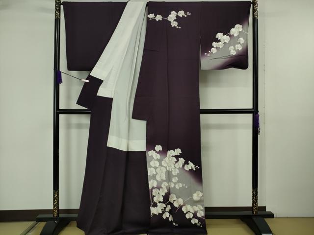 平和屋本店●極上　訪問着　総手刺繍　胡蝶蘭　深紫色地　暈し染め　金糸　逸品　DZAB6519kh6