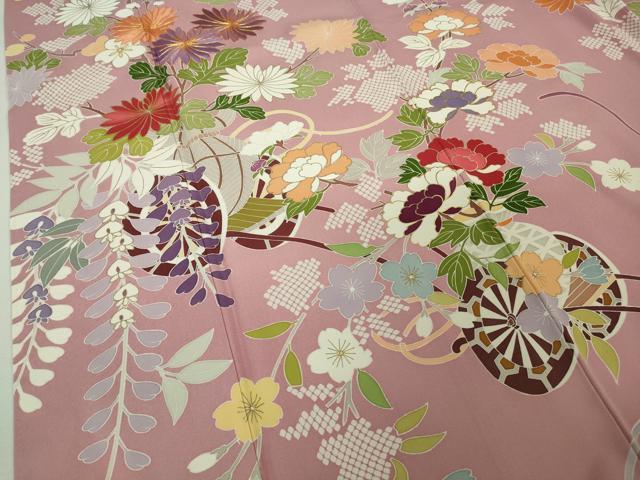 平和屋本店●極上　創業460年・千總　振袖　駒刺繍　花車　石竹色地　金彩　三越扱い　逸品　DZAB6521kh6