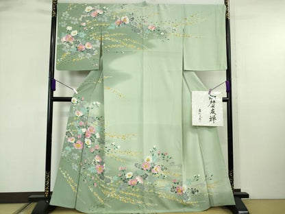 平和屋本店●極上　本加賀友禅作家　藤村達雄　訪問着　枝花文　暈し染め　夏虫色地　色紙付き　逸品　DZAB6522kh6