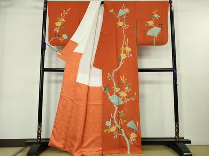 平和屋本店●極上　京都祇園の老舗　ぎをん齋藤　訪問着　駒刺繍　檜扇に椿　 黄櫨染色地　鬼しぼ縮緬　たとう紙付き　逸品　DZAB6524kh6