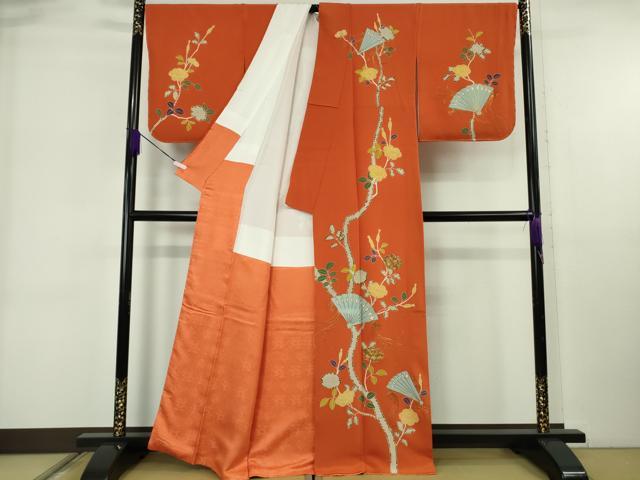 平和屋本店●極上　京都祇園の老舗　ぎをん齋藤　訪問着　駒刺繍　檜扇に椿　 黄櫨染色地　鬼しぼ縮緬　たとう紙付き　逸品　DZAB6524kh6