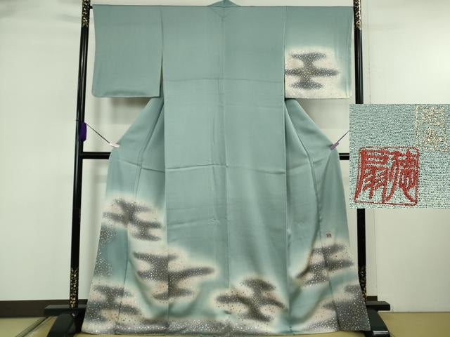 平和屋着物●極上 国際的伝統工芸作家 十二代・藤林徳扇 苑寿 訪問着 エ霞 箔散らし 暈し染め 金銀彩 銀通し地 逸品　未使用　DZAB6530kh6