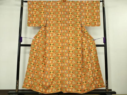 平和屋本店●極上　銀座　志ま亀　小紋　花蝶丸文　縮緬地　黄茶色　逸品　DZAB6533kh6