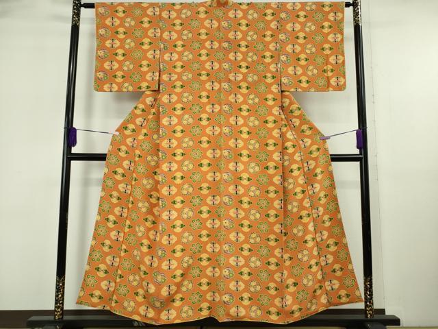 平和屋本店●極上　銀座　志ま亀　小紋　花蝶丸文　縮緬地　黄茶色　逸品　DZAB6533kh6