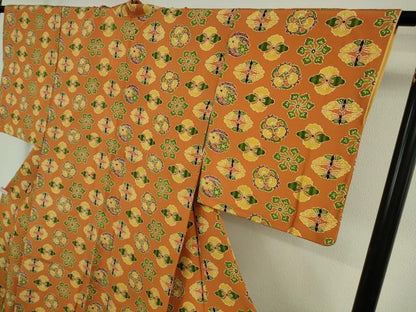 平和屋本店●極上　銀座　志ま亀　小紋　花蝶丸文　縮緬地　黄茶色　逸品　DZAB6533kh6