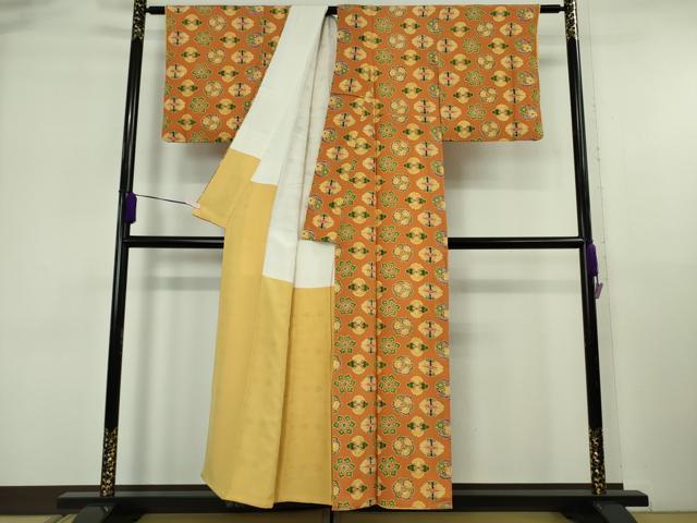 平和屋本店●極上　銀座　志ま亀　小紋　花蝶丸文　縮緬地　黄茶色　逸品　DZAB6533kh6