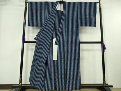 平和屋本店▽極上　男性　久留米絣　単衣　綿　縞　逸品　DZAB6547kh6