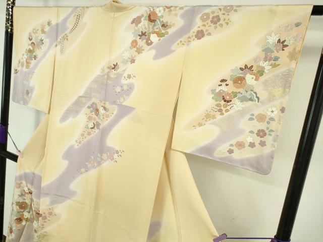 平和屋本店●極上　創業460年・千總 訪問着 駒刺繍 吉祥花文 蜂蜜色地　暈し染め　金彩　松坂屋扱い　反端付き　逸品　未使用　DZAB6551kh6