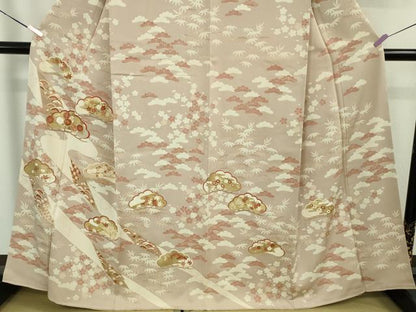 平和屋本店●極上　訪問着　吉澤友禅　駒刺繍　松竹梅　吉祥花文　灰梅色地　金彩　逸品　未使用　DZAB6554kh6