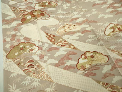 平和屋本店●極上　訪問着　吉澤友禅　駒刺繍　松竹梅　吉祥花文　灰梅色地　金彩　逸品　未使用　DZAB6554kh6