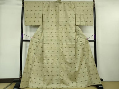 平和屋本店▽希少　青山みとも　重要無形文化財　本場久米島紬　ゆうな染　手織　単衣　柳茶色地　逸品　DZAB6561kh6