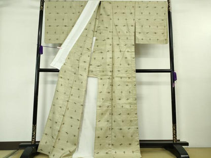 平和屋本店▽希少　青山みとも　重要無形文化財　本場久米島紬　ゆうな染　手織　単衣　柳茶色地　逸品　DZAB6561kh6