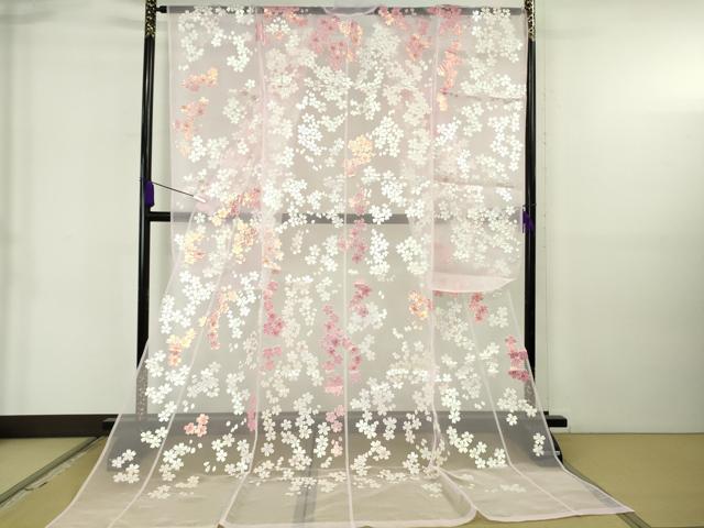 平和屋本店＊極上 夏物 お引きずり・お引き摺り・引き振袖 オーガンジー 舞桜 銀彩 たとう紙付き 逸品 DZAB6569kh6