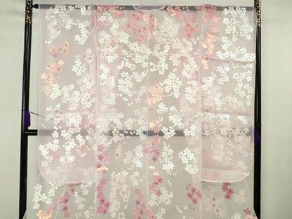 平和屋本店＊極上 夏物 お引きずり・お引き摺り・引き振袖 オーガンジー 舞桜 銀彩 たとう紙付き 逸品 DZAB6569kh6