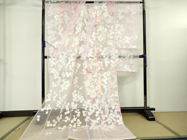 平和屋本店＊極上 夏物 お引きずり・お引き摺り・引き振袖 オーガンジー 舞桜 銀彩 たとう紙付き 逸品 DZAB6569kh6