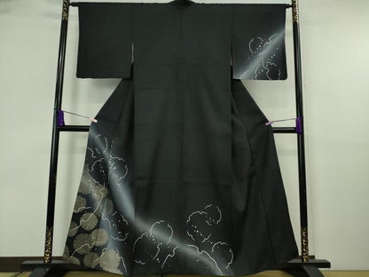 平和屋着物●極上　結城紬　訪問着　雪輪重ね　暈し染め　黒地　金彩　逸品　DZAB6586kh6