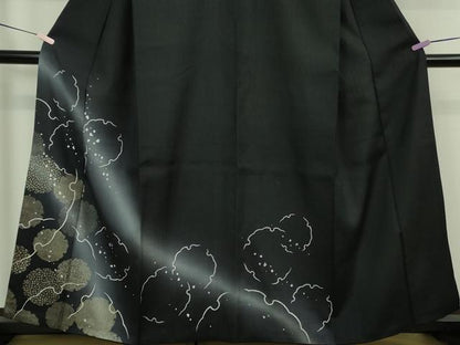 平和屋着物●極上　結城紬　訪問着　雪輪重ね　暈し染め　黒地　金彩　逸品　DZAB6586kh6