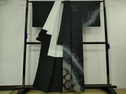 平和屋着物●極上　結城紬　訪問着　雪輪重ね　暈し染め　黒地　金彩　逸品　DZAB6586kh6