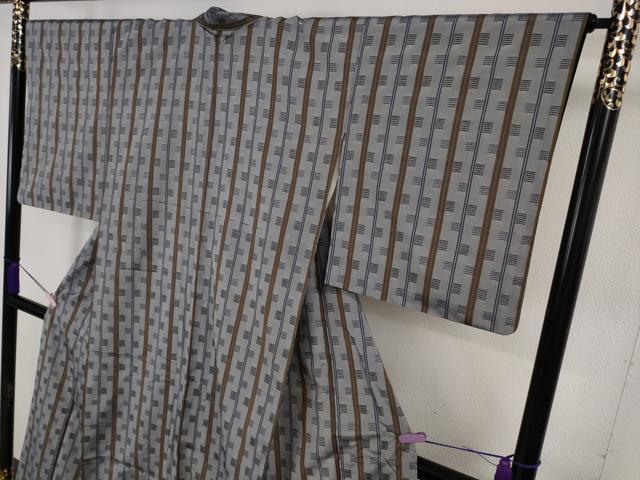 平和屋本店●極上　花織　紬　灰青色地　逸品　DZAB6592kh6
