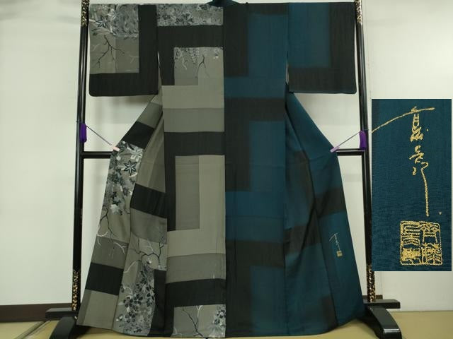 平和屋本店●極上　キモノデザイナー　斉藤上太郎　訪問着　片身替わり　楓花文　逸品　DZAB6594kh6